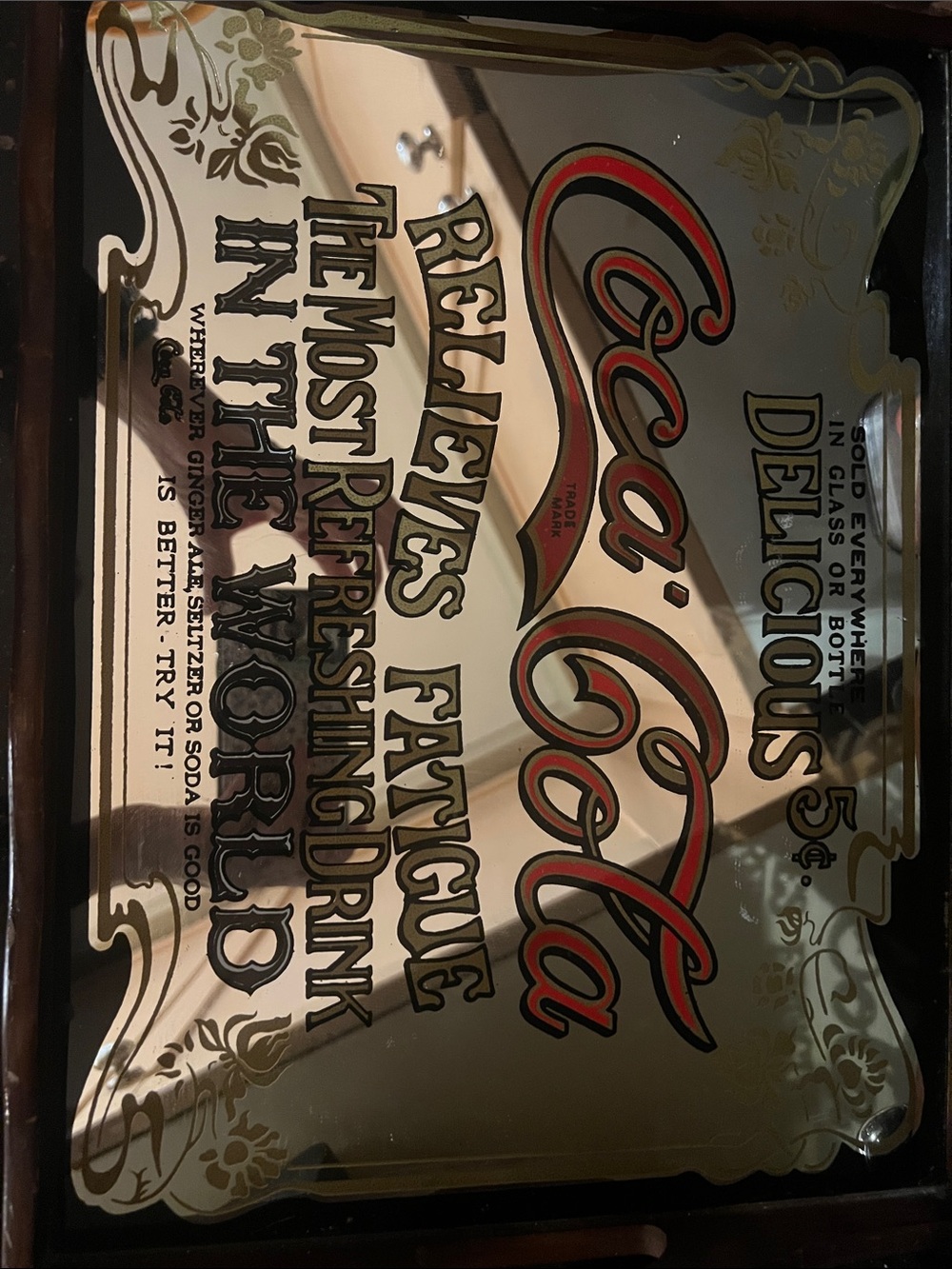 VTG Coca-Cola Wooden Framed Mirror Sign 5 Cents Advertising